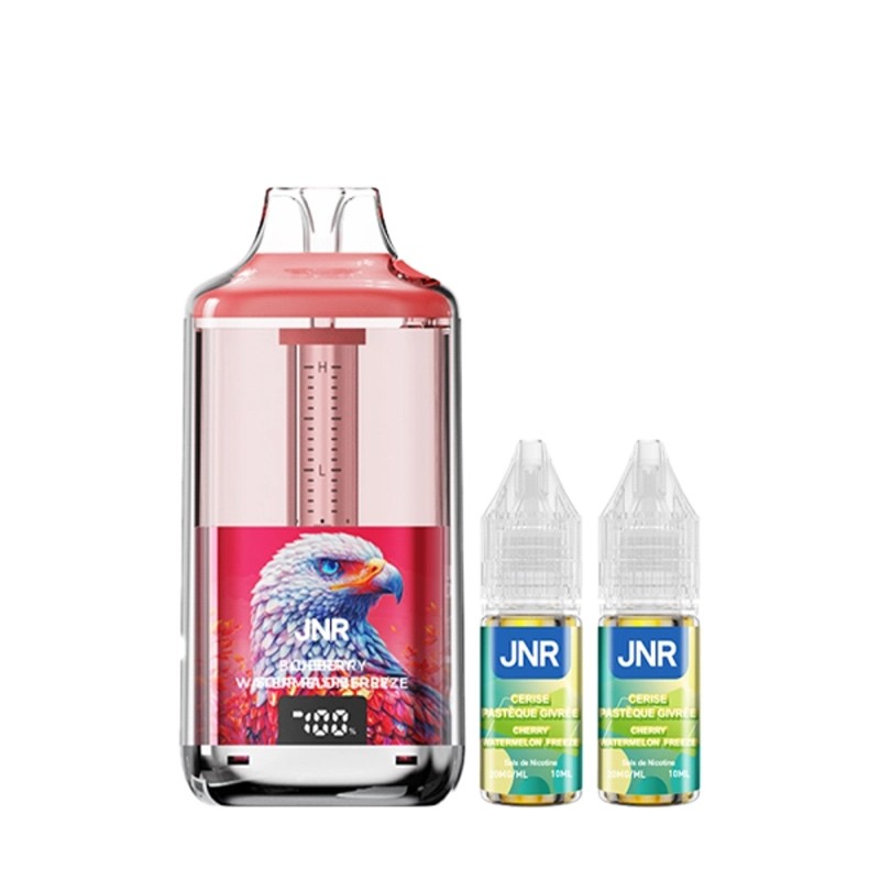 Puff rechargeable JNR Falcon GEM+ 30K Cherry Watermelon Freeze (cerise et pastèque givrées) rouge, avec 2 fioles de 10 ml