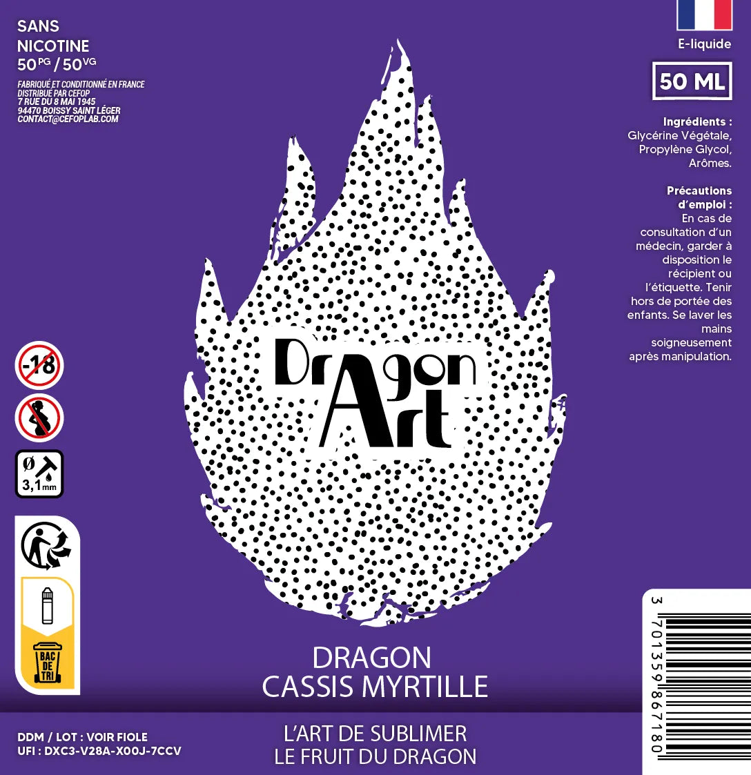 Étiquette Dragon Cassis Myrtille Frais Dragon'Art Bobble 50 ml