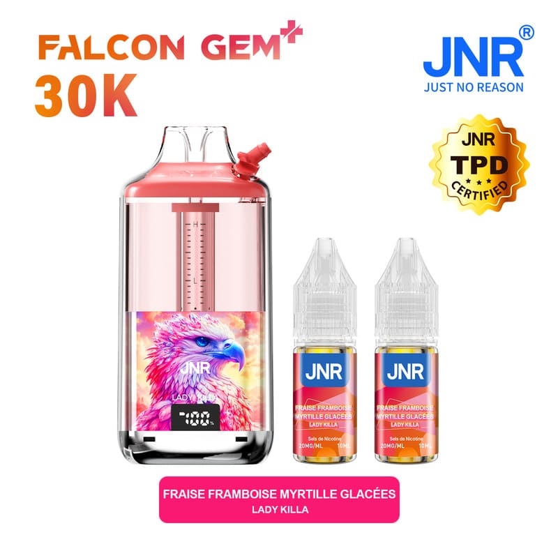 Puff rechargeable JNR Falcon GEM+ 30K Lady Killa (fraise, framboise et myrtille glacées) rose, avec 2 fioles de 10 ml