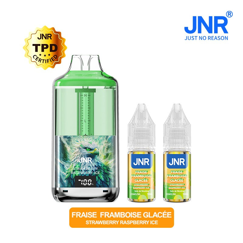 Puff rechargeable JNR Falcon GEM+ 30K Strawberry Raspberry Ice (fraise framboise glacée) verte, avec 2 fioles de 10 ml